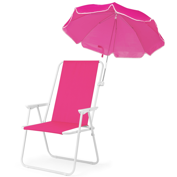 1 Pack Folding Beach Chair With Umbrella, XL Size, 15inch Seat Height, Pink, Steel Spring Chair With Cross Bar, Oxford Cloth, 120kg Capacity