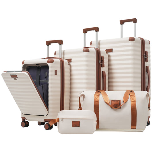 Luggage Sets 5 Piece With Front Opening , Hardside Expandable Carry On Suitcase With Spinner Wheels TSA Lock USB Port  Cup Holder Duffel Bag And Toiletry Bag