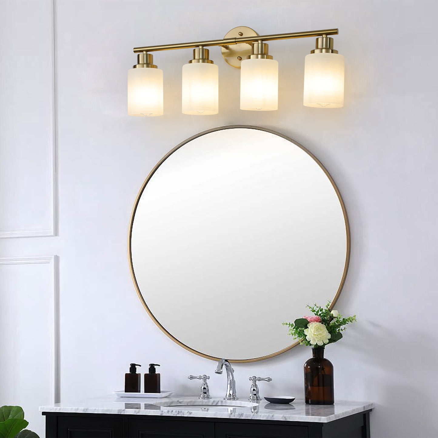 24  Modern 4-Light Vanity Wall Sconce, Golden Finish With Frosted Glass Shades For Bathroom Or Hallway Lighting  No Bulbs