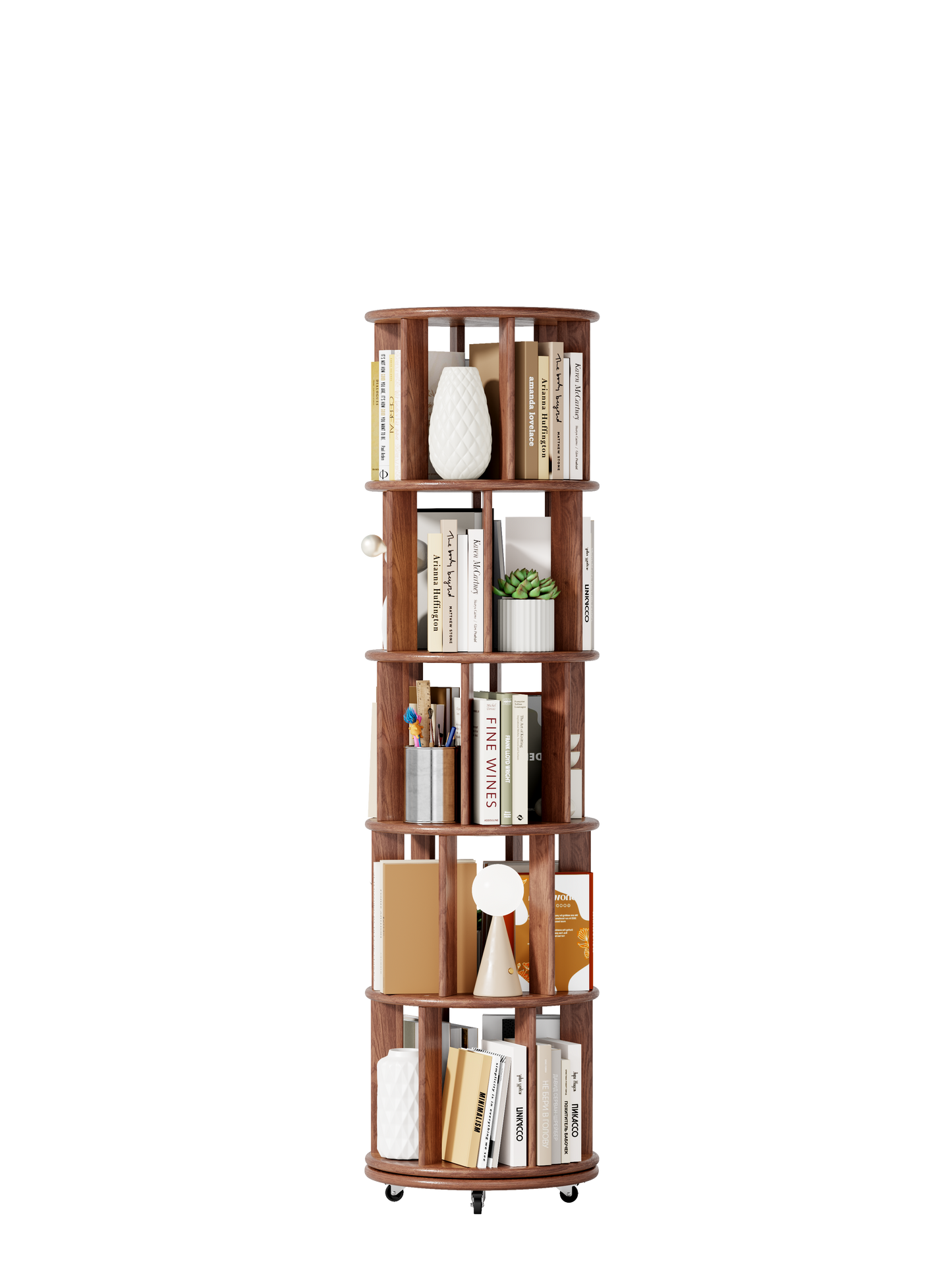 1 0 0 Solid Wood Rotating Bookshelf On Wheels,5 Tier, Round Revolving Bookcase, 360 Spinning Book Shelf Tower For Kids, Narrow Rolling Bookshelves For Small Space, Corner, Bedroom, Office, Walnut