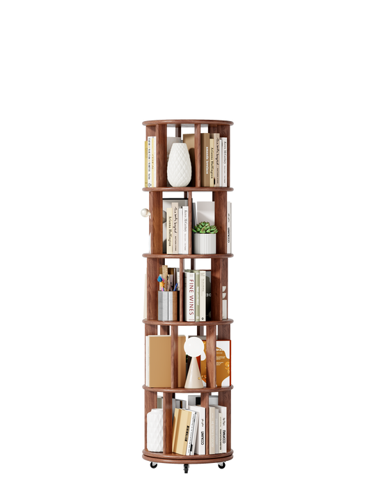 1 0 0 Solid Wood Rotating Bookshelf On Wheels,5 Tier, Round Revolving Bookcase, 360 Spinning Book Shelf Tower For Kids, Narrow Rolling Bookshelves For Small Space, Corner, Bedroom, Office, Walnut