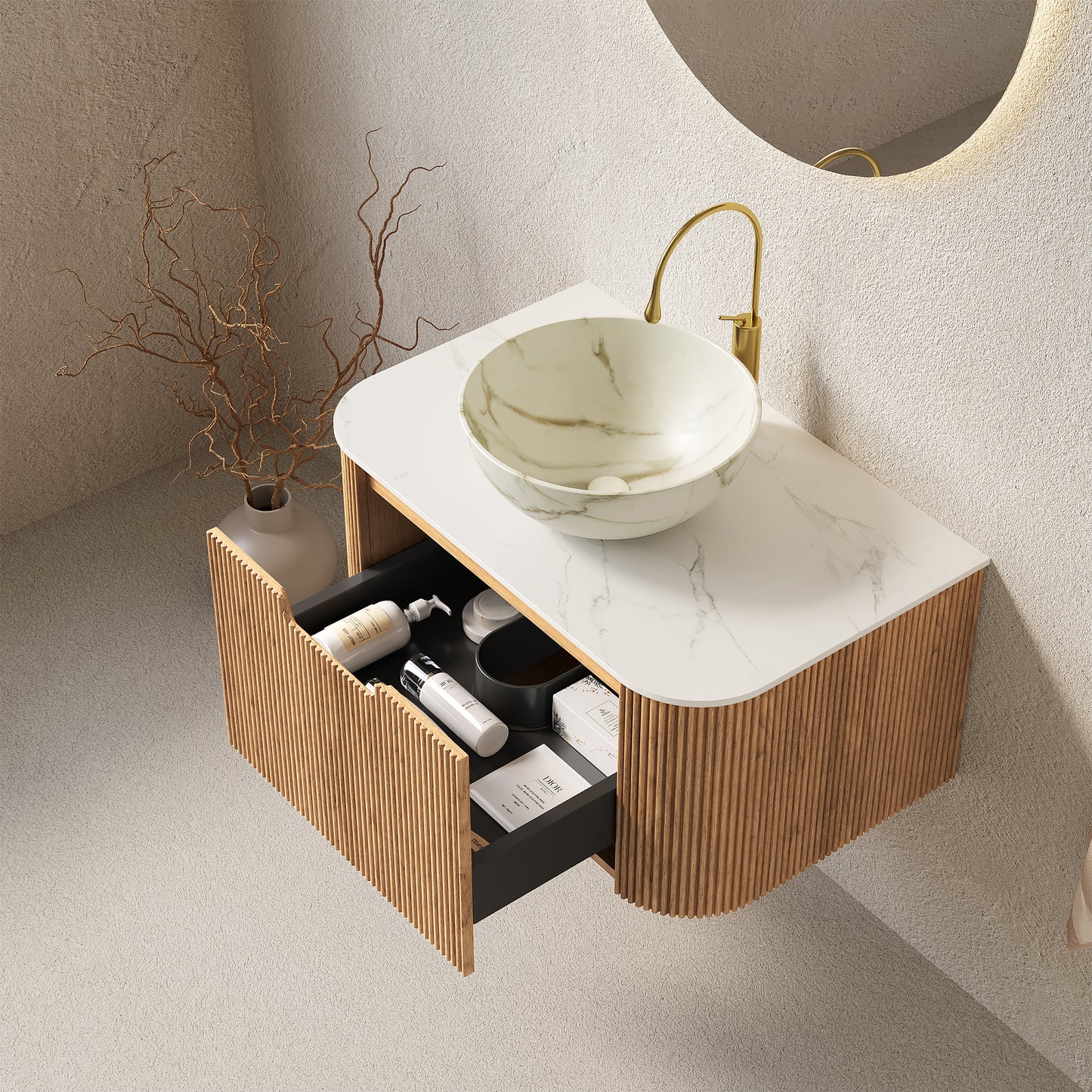 DINA 30 Bathroom Vanity&Sink, Floating Curved Edges Striped Storage Cabinet With Drawer, Matte Stone White Bowl Ceramic Basin&Carrara White Sintered Stone Top, Pre-assembled, Natural Woodgrain Color