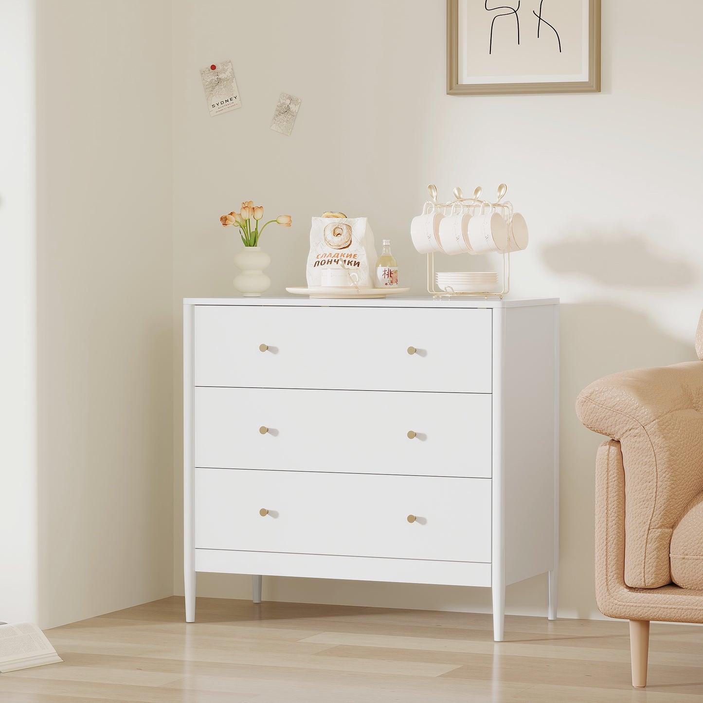 3 Drawer Dresser Chest, Modern White Storage Cabinet, MDF Wood Organizer For Bedroom, Living Room, Entryway, Small Space Furniture