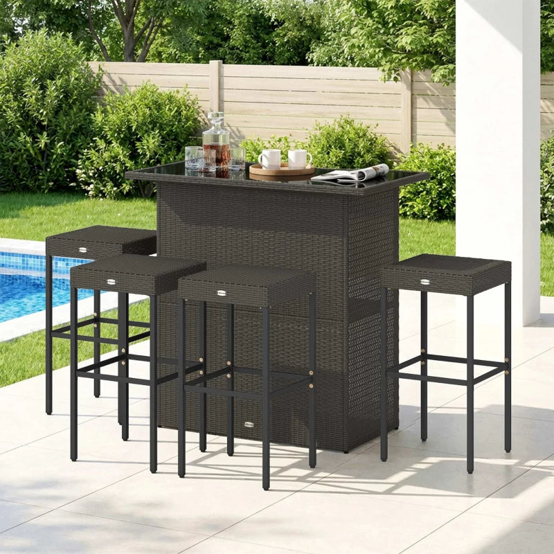 5 Piece Rattan Wicker Bar Set, High Top Outdoor Table And Chairs, Bar Height Patio Set, 2 Shelves & 4 Bar Stools, Brown
