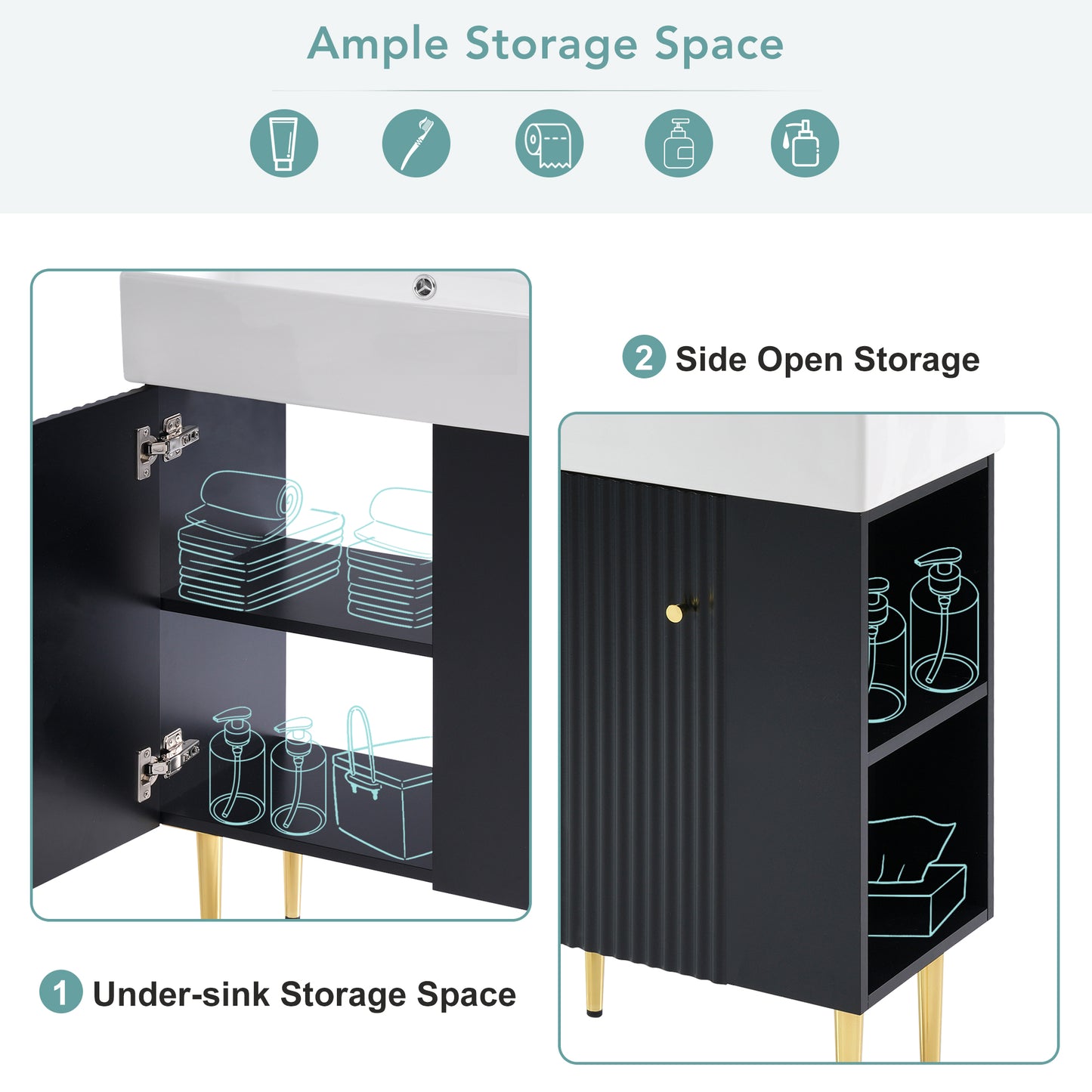 21.6  Black Bathroom Vanity, Combo Cabinet, Bathroom Storage Cabinet, Single Ceramic Sink, Right Side Storage