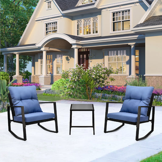 3 Pieces Patio Bistro Set Outdoor Rocking Chair W Blue Cushion For Yard Garden Poolside