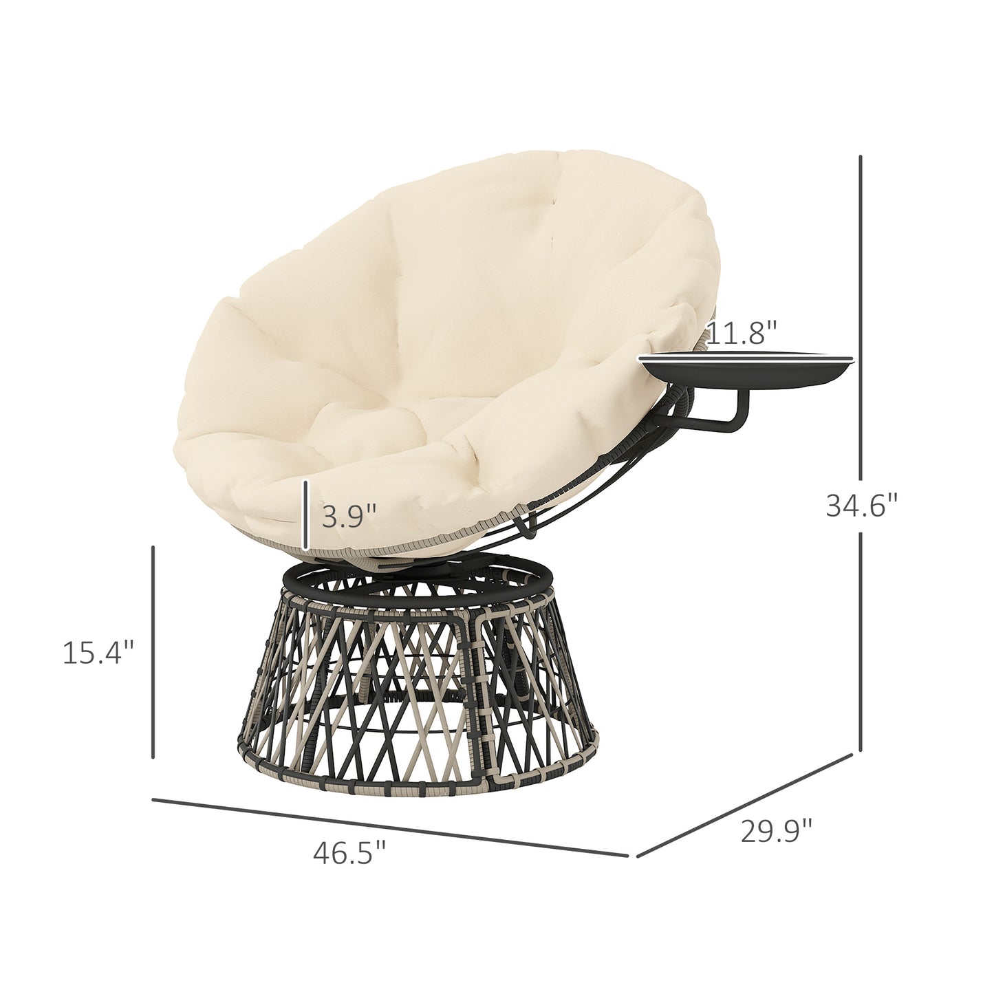 360 Swivel Outdoor Papasan Chair, 39 Overstuffed Circle Chair With Side Tray, Thick Cushion For Indoor Patio, Beige