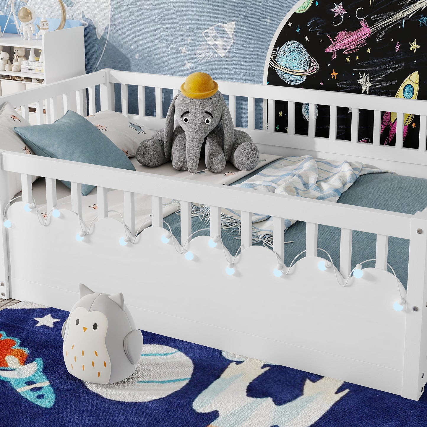 Full Montessori Floor Bed Frame With High Rails, Wood Kids Floor Beds With Light And Storage Shelf, White Expect Arrival Date 2025 8 15