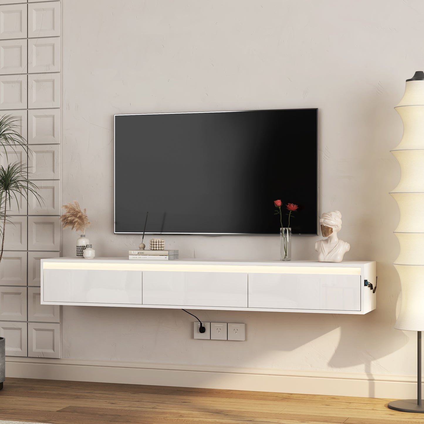 Floating TV Stand, Wall Mounted TV Shelf With Led Lights & Power Outlet, Cabinet For Tv Stands For Living Room