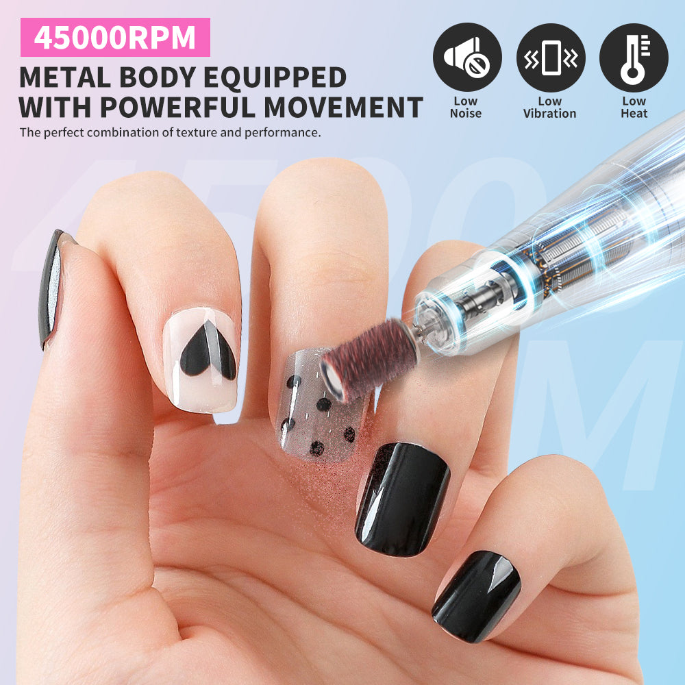 Electric Nail Drill Professional - 45000RPM Rechargeable Nail File With Bits & Base For Acrylic Gel Nails, Professional Nail Drill Manicure Pedicure Polishing Shape Tools For Home Salon