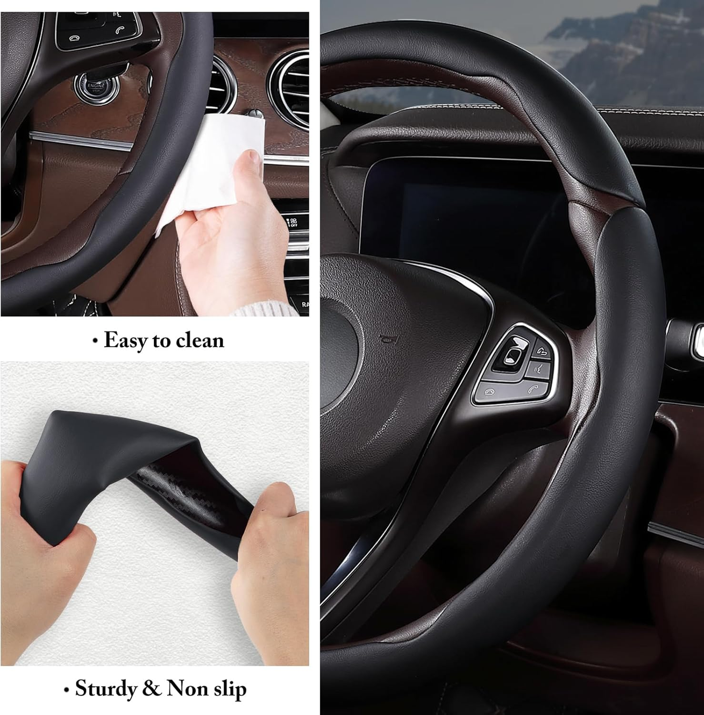 Car Steering Wheel Cover - Leather Snap-on Three-piece Set - Anti-slip Protection Cover - Steering Wheel Control Accessory - Universal Model - Black