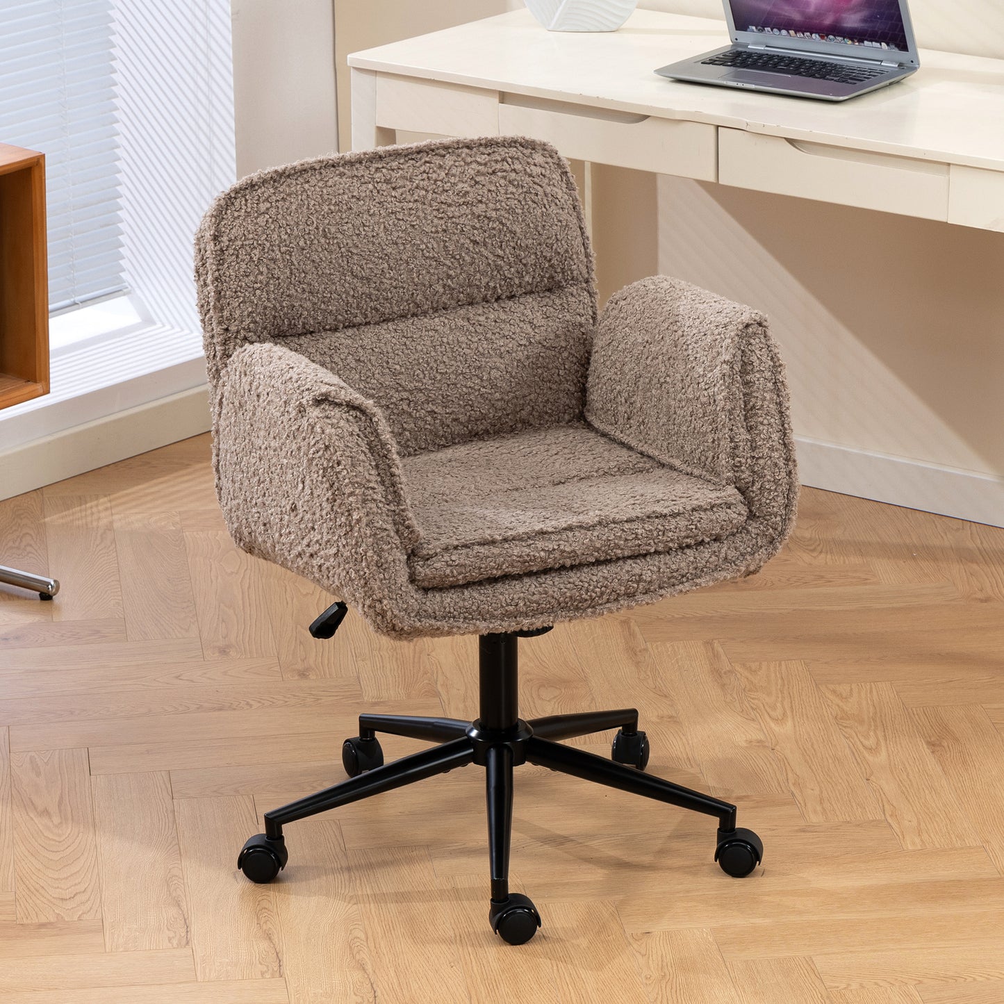 Criss Cross Chair With 5-Gear Adjustable Armrests & Wheels, Ergonomic Thickened Backrest Swivel Desk Chair For Home Office, Vanity, Bedroom And Living Room,brown Teddy Fleece