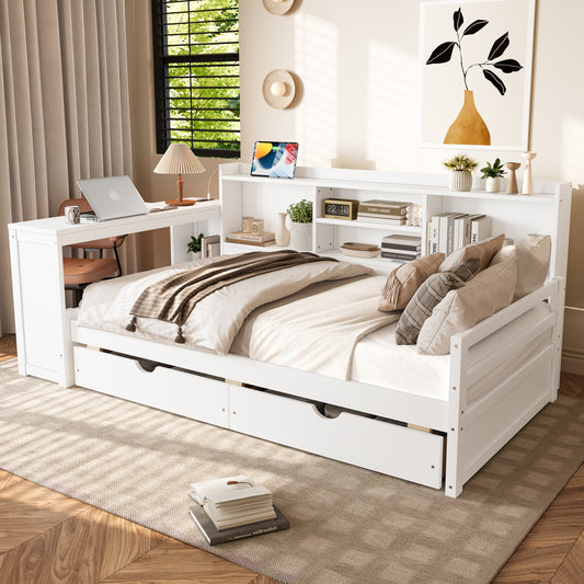 Twin Size Corner Daybed With Storage Drawers & Desk & Charging Port & Bookcase Of White Color