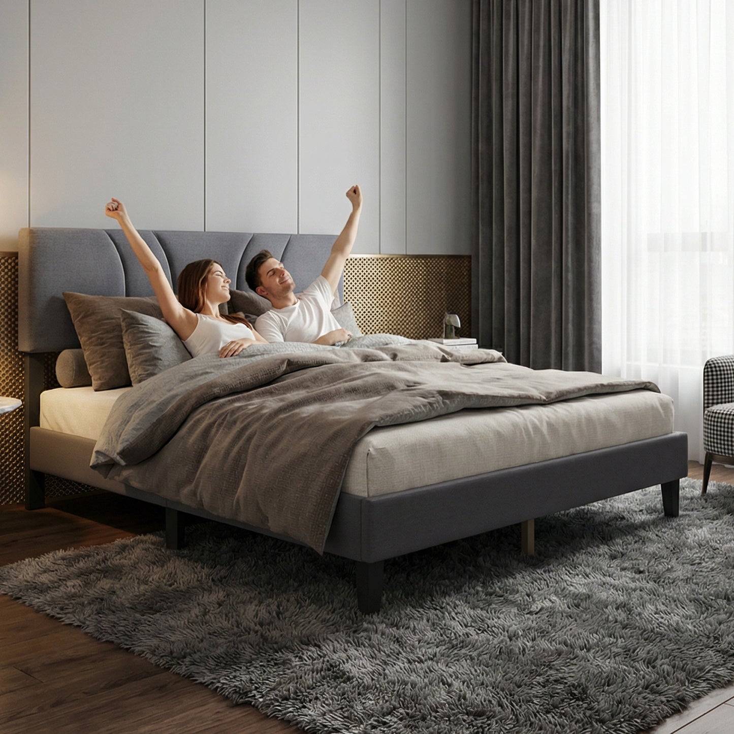 Queen Size Platform Bed Frame With Adjustable Fabric Upholstered Headboard And Wood Slats Support Fully Upholstered Mattress Foundation No Box Spring Needed Easy Assembly Dark Gray
