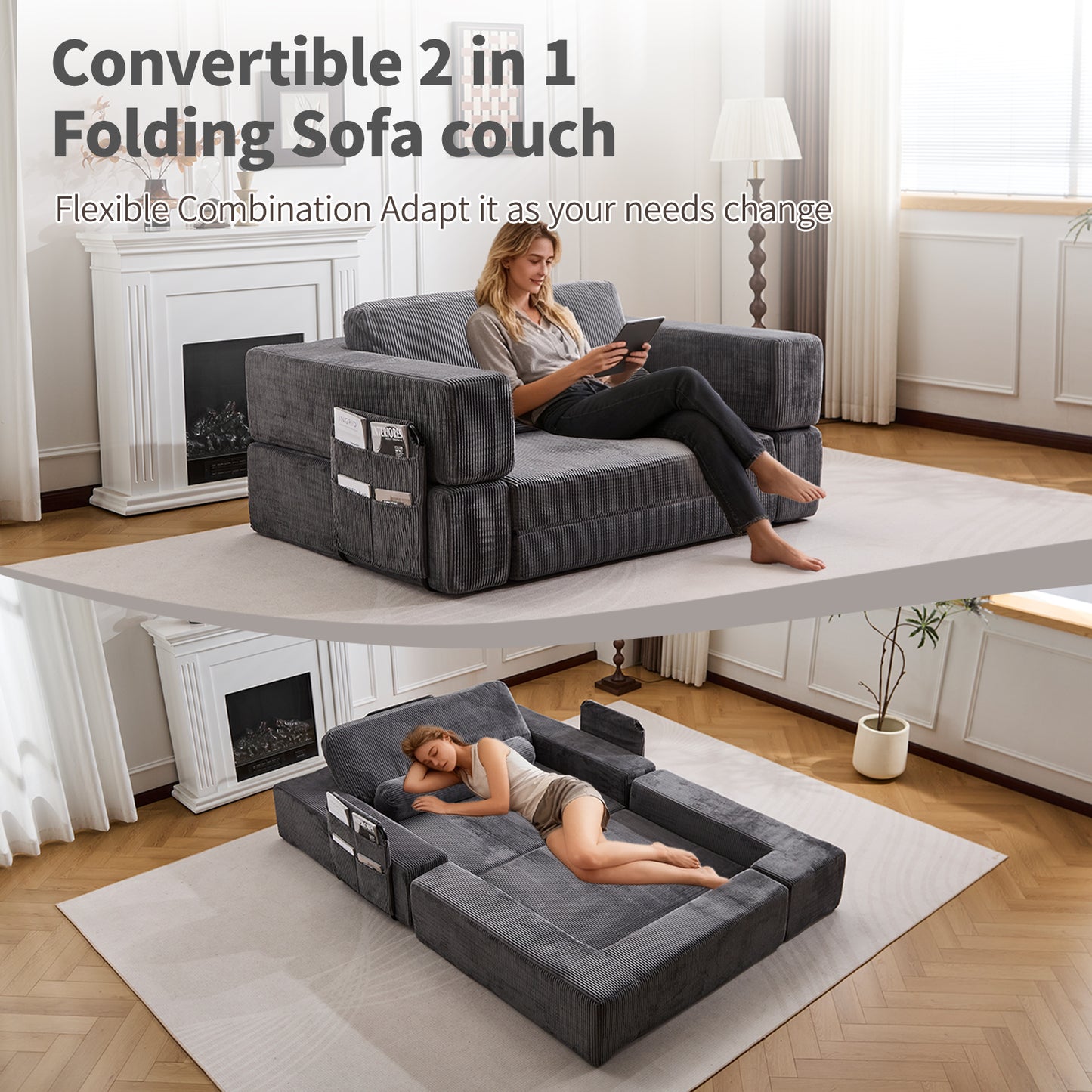 Foldable Castle Sofa Modular PlayCouchfor Living Room & Bedroom Instant Expansion Comfortable &Creative Design Furniture Seater With One Side Seat,Dark-Grey.
