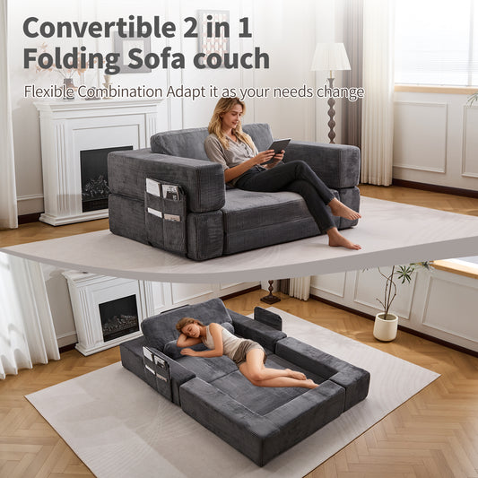 Foldable Castle Sofa Modular PlayCouchfor Living Room & Bedroom Instant Expansion Comfortable &Creative Design Furniture Seater With One Side Seat,Dark-Grey.