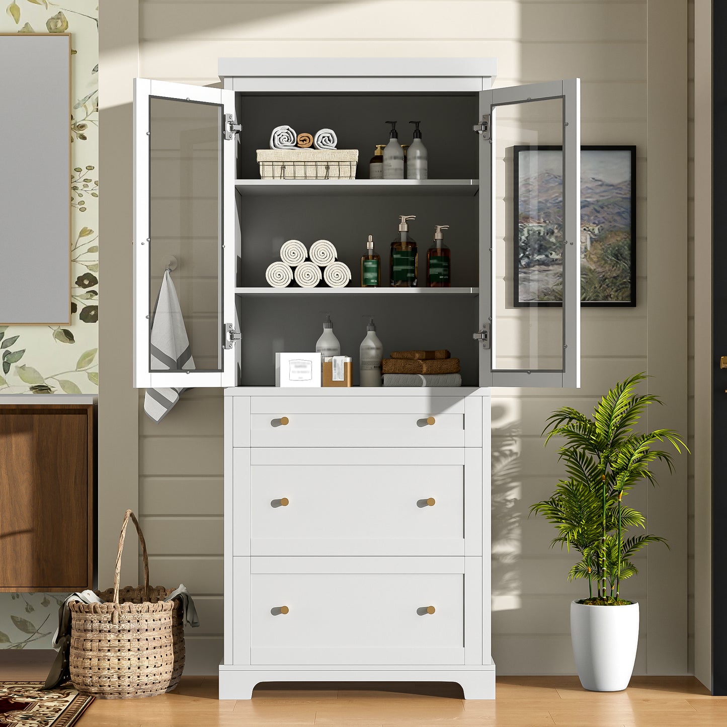 70.1  Modern High Freestanding Tall Bathroom Cabinet With 2 Adjustable Shelves, 3 Drawers, Soft Close Glass Doors -Ideal For Bathroom, Living Room, Kitchen Storage