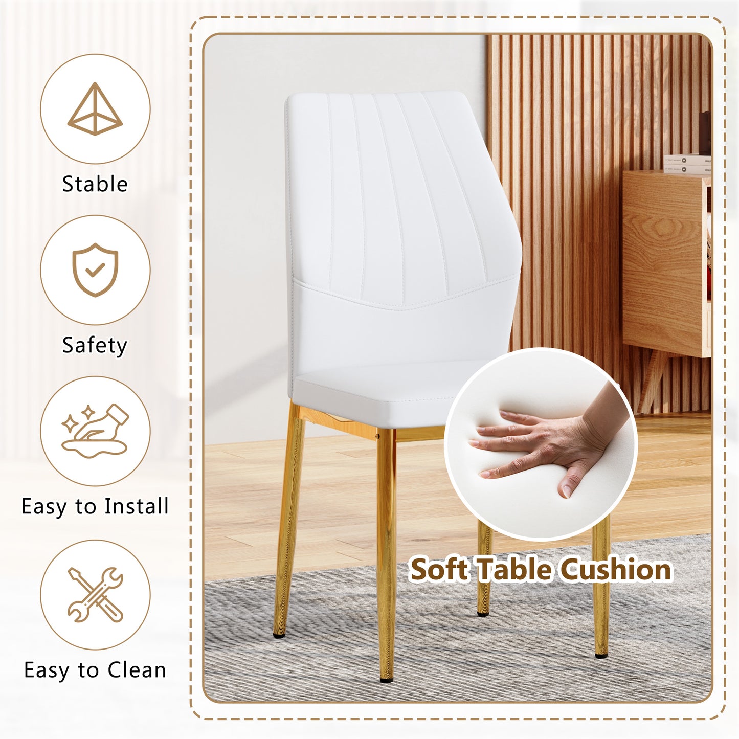 Set Of 6 Gold - And - White Dining Chairs, 37 Inches High Ergonomic PU Backrest, Combines Comfort And Style.Perfectly Blends Comfort And Elegance, Injecting More Comfort And Style Into Dining Time.
