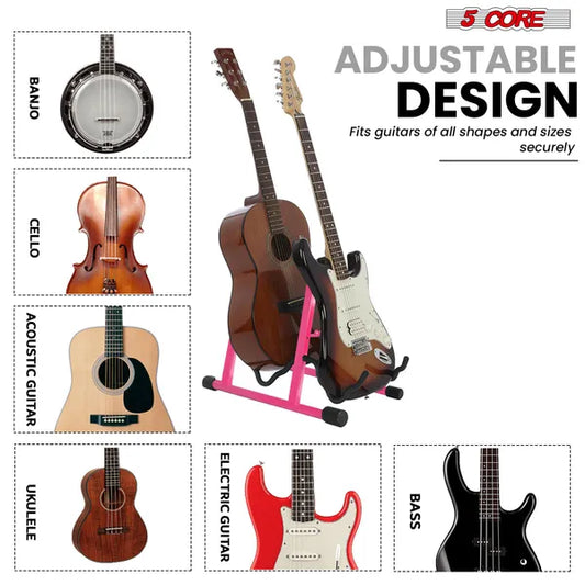 5 CORE Double Guitar Stand Floor Adjustable Heavy Duty A Frame Universal Folding Acoustic Electric Bass Mandolin Banjo Violin Holder Multiple Folding Stands For On Stage Studio Easy Assembly PINK