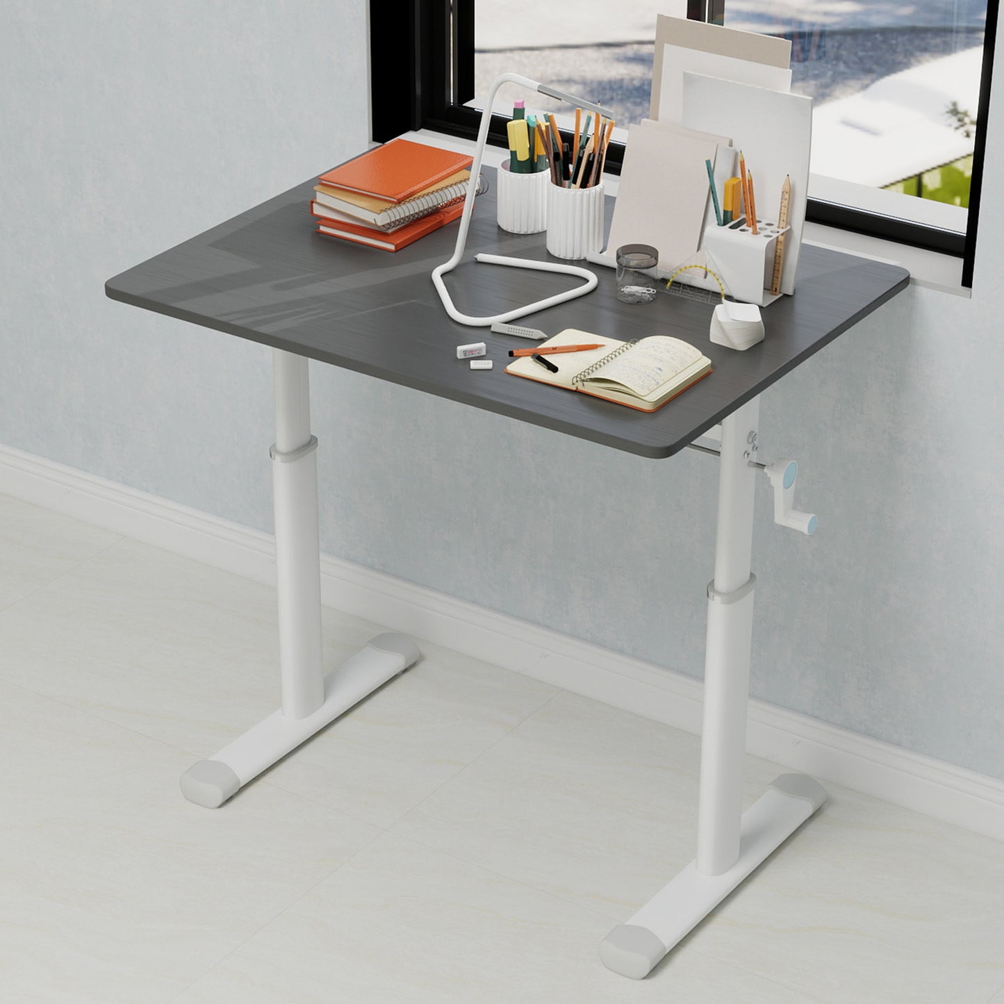 Adjustable Study Desk Suitable For Children And Adults, Height-adjustable, Multi-functional Home Office Desk, Compact Design, Desktop Dimensions 60cm X 80cm, White Frame, Gray Tabletop.