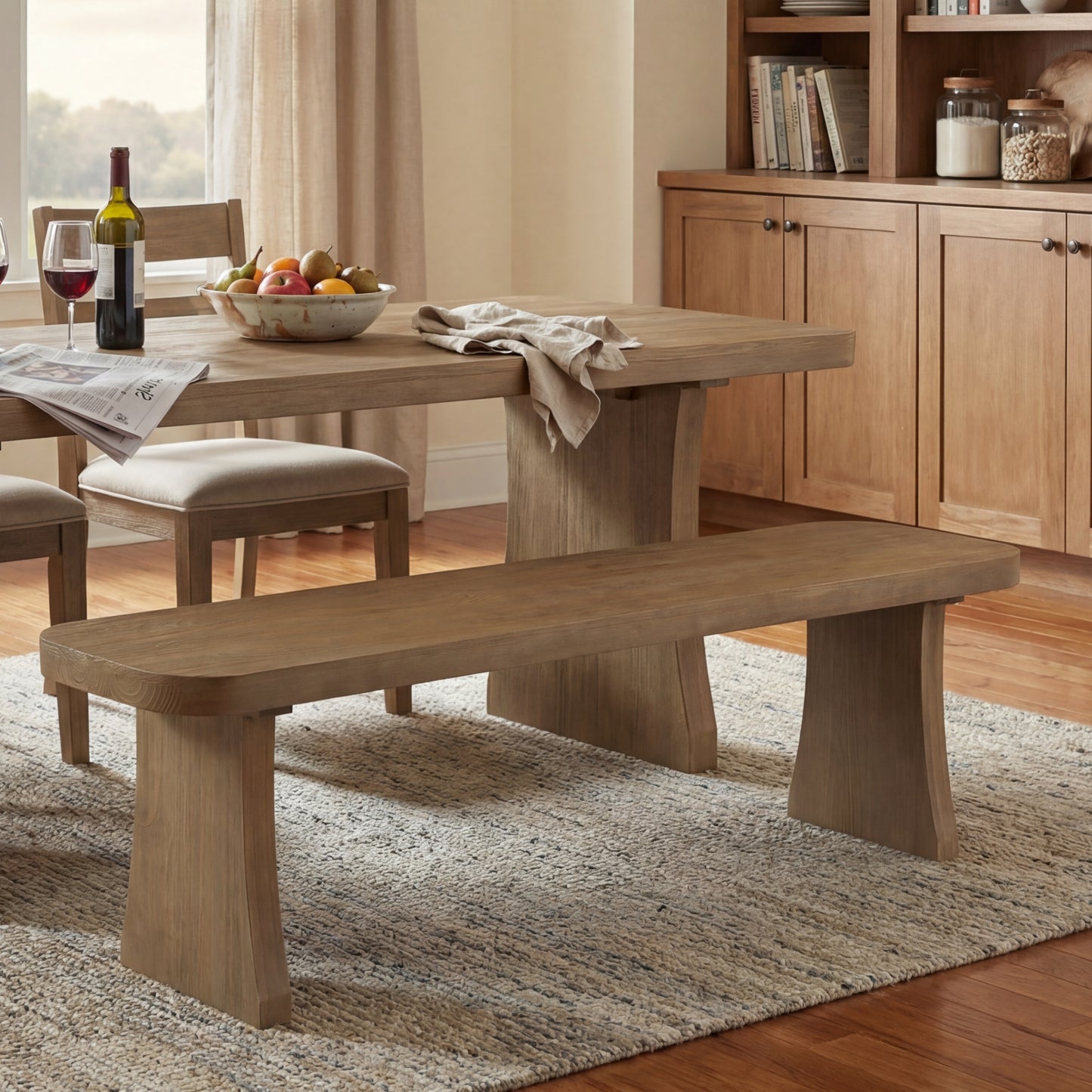 Indoor Pine Dining Bench, 62.9  L Solid Wood Seating, 350lbs Weight Capacity, Fits 3 People For Kitchen, Dining Room & Living Space