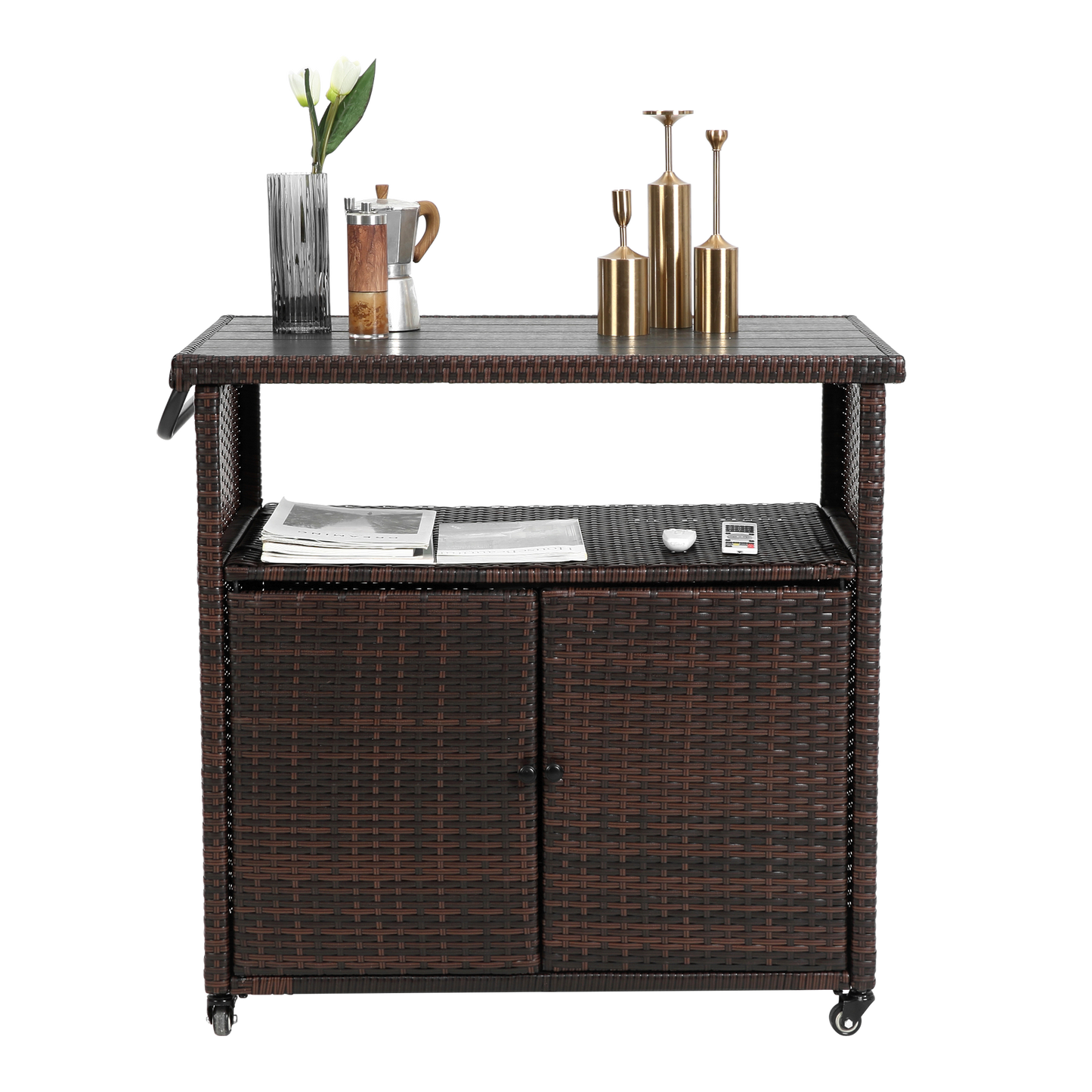 Outdoor Wicker Bar Cart, Patio Wine Serving Cart W Wheels , Rolling Rattan Beverage Bar Counter Table Plastic Wood Top For Porch Backyard Garden Poolside Party, Light Brown