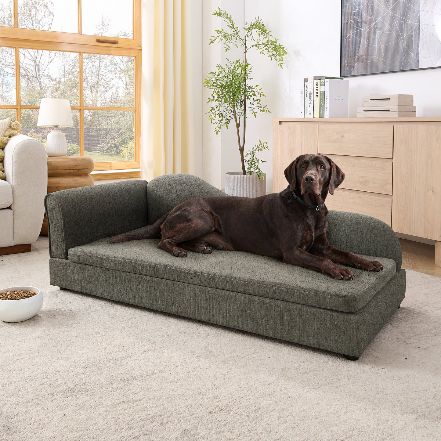Oversized Pet Sofa For Medium Large Dogs - Modern Irregular Wave Backrest, Single Armrest, Premium Breathable Linen Fabric, Soft Cushion & Low Plastic Feet-DARK GREY