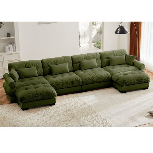 U Shaped Sectional Sofa Cloud Couch With Movable Ottomans,Convertible Deep 4 Seater Modern Velvet Comfy Upholstered Corner Couch With Blostered Armrests, Waist Pillow And Throw Pillows,Olive Green