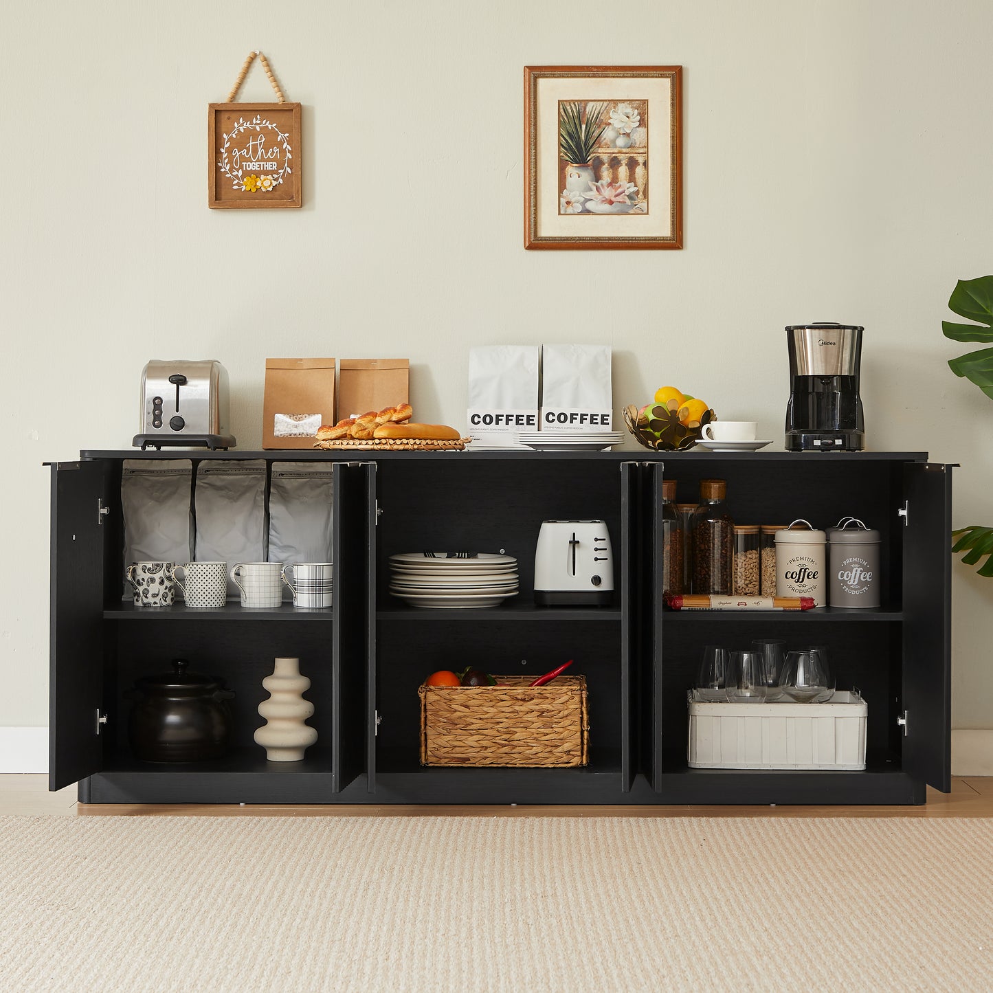 67-inch Modern Wavy Sideboard, Curved Contour Design Storage Cabinet, 6-door Cabinet With Storage Function, Suitable For Kitchen   Bedroom   Living Room, Black, 67.0 L X 15.7 W X 27.7 H