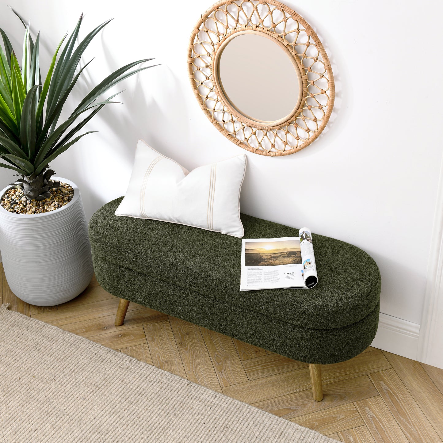 Ottoman Oval Storage Bench,Rubber Wood Legs, Green 43.5 X16 X16