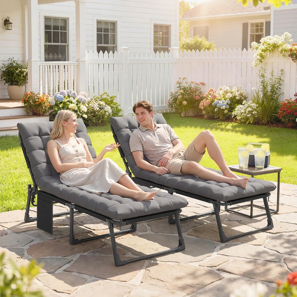 Folding Chaise Lounge Chair Outdoor Tanning Chair Set Of 2 With 5Position Backrest, Cushions, Side Pocket Five-position Adjustable Backrest