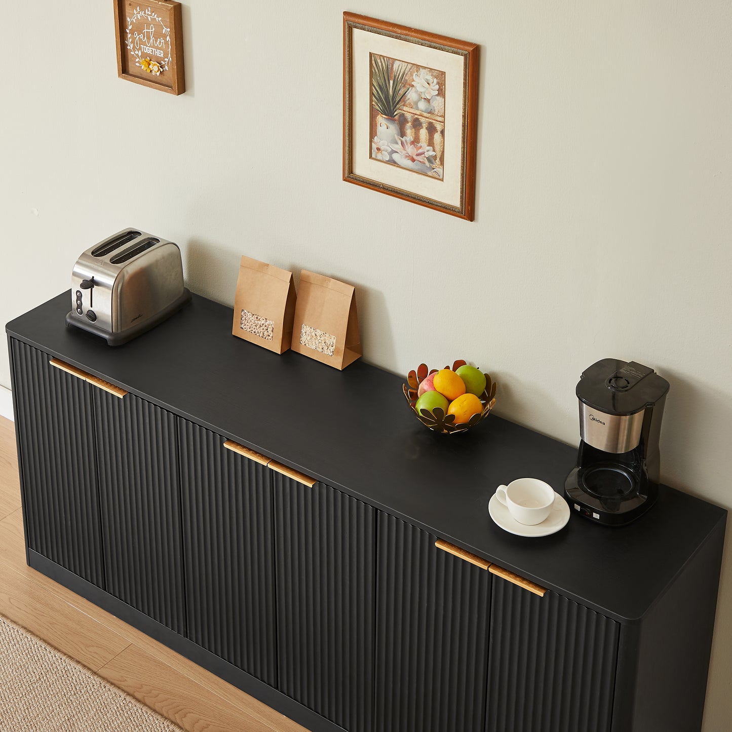 67-inch Modern Wavy Sideboard, Curved Contour Design Storage Cabinet, 6-door Cabinet With Storage Function, Suitable For Kitchen   Bedroom   Living Room, Black, 67.0 L X 15.7 W X 27.7 H