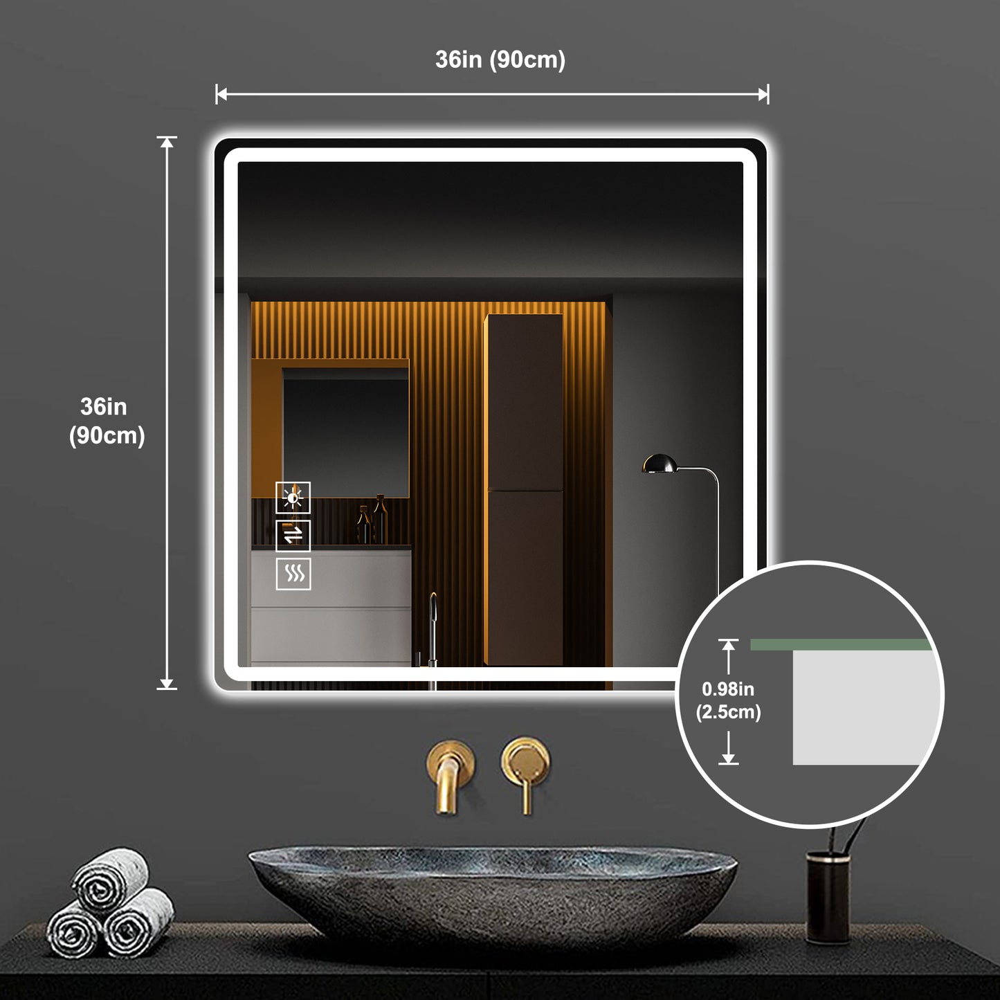 36X36 Inch LED Bathroom Mirror Vanity Mirrors With Front Lights Wall Mounted Anti-Fog Frameless Make Up Mirror With Light 5 Mm Copper-Free Silver Mirror Horizontal Or Vertical