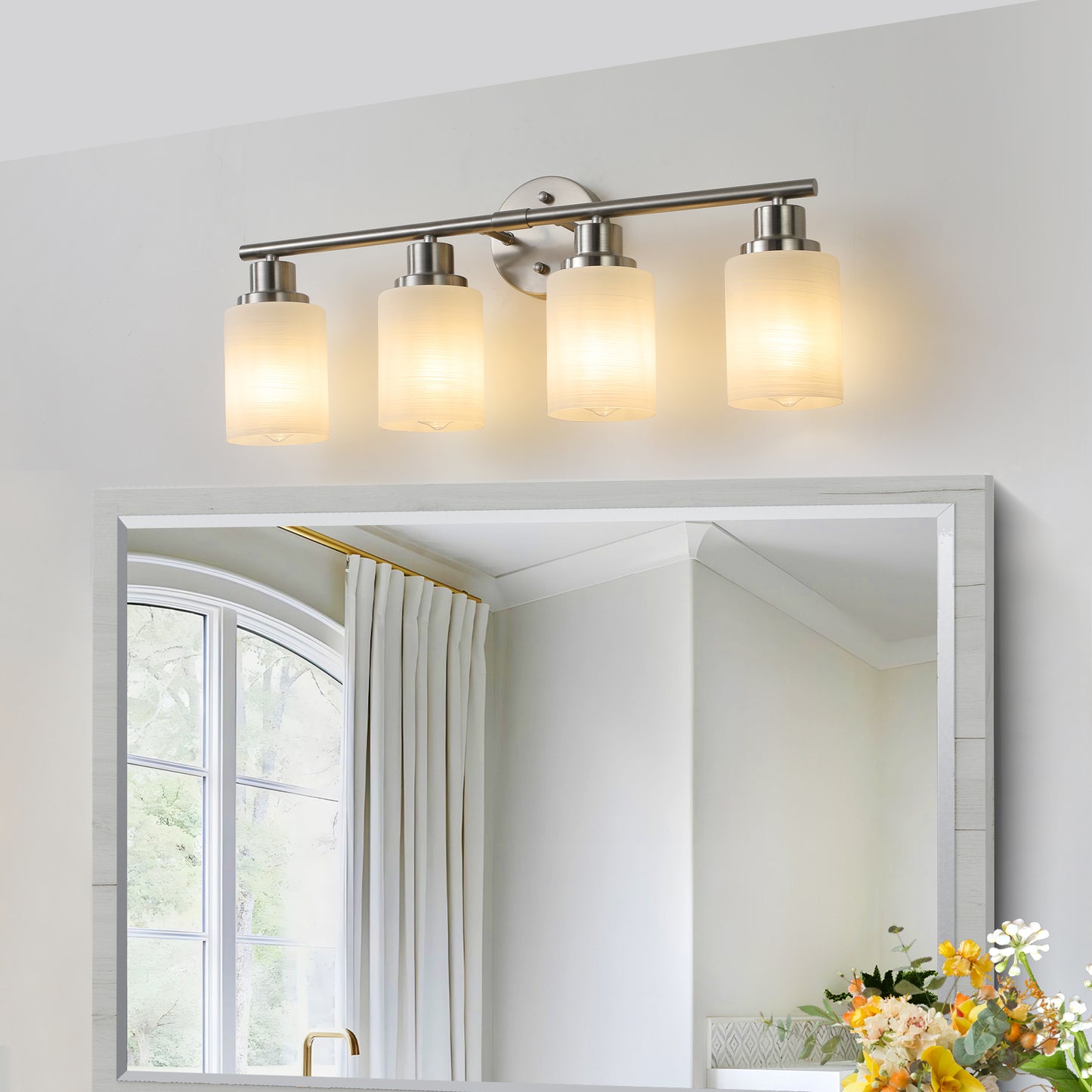 24  Modern 4-Light Vanity Wall Sconce, Brushed Nickel Finish With Frosted Glass Shades For Bathroom Or Hallway Lighting -No Bulbs