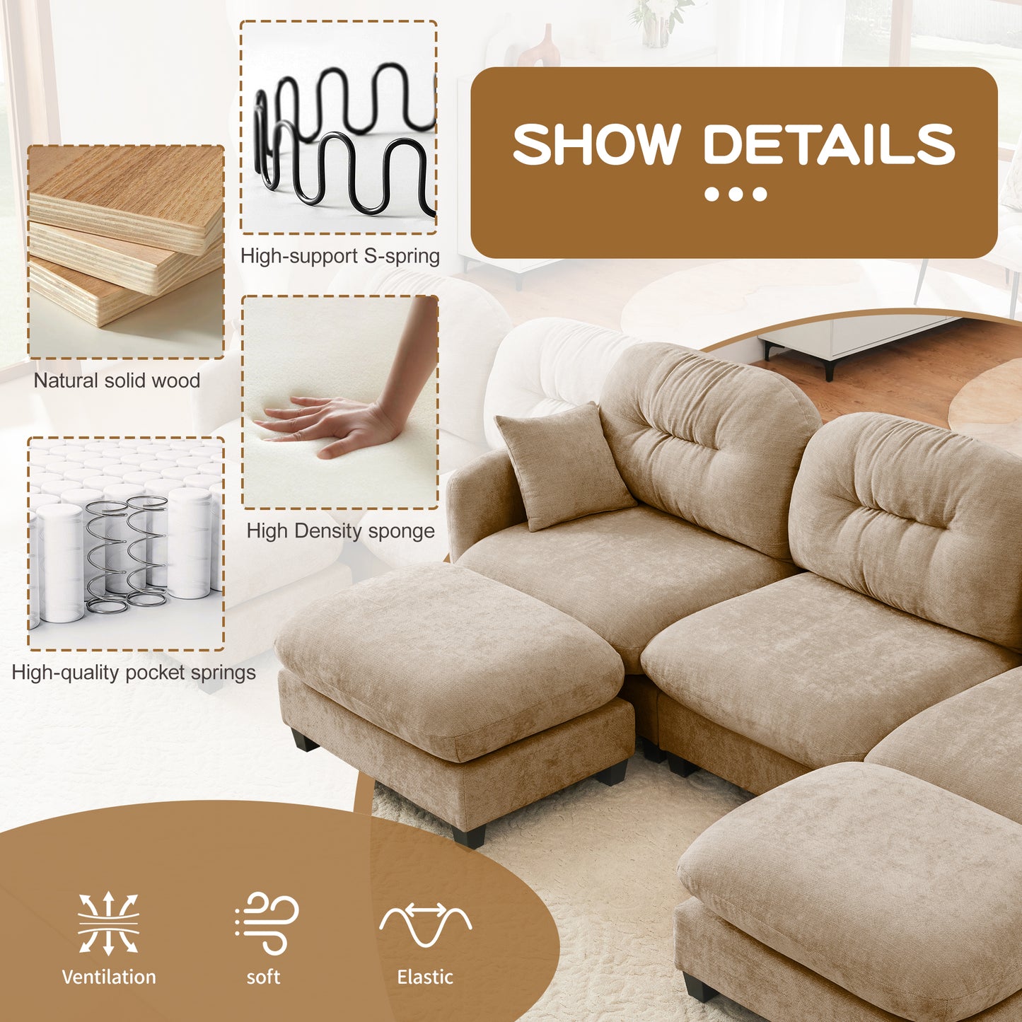 Cloud Sectional L-Shaped Couch With Ottoman,Soft Chenille Fabric,Quilted Pleated Design  High-Density Foam,Fits Bedrooms Living Rooms Reading Nooks,Camel