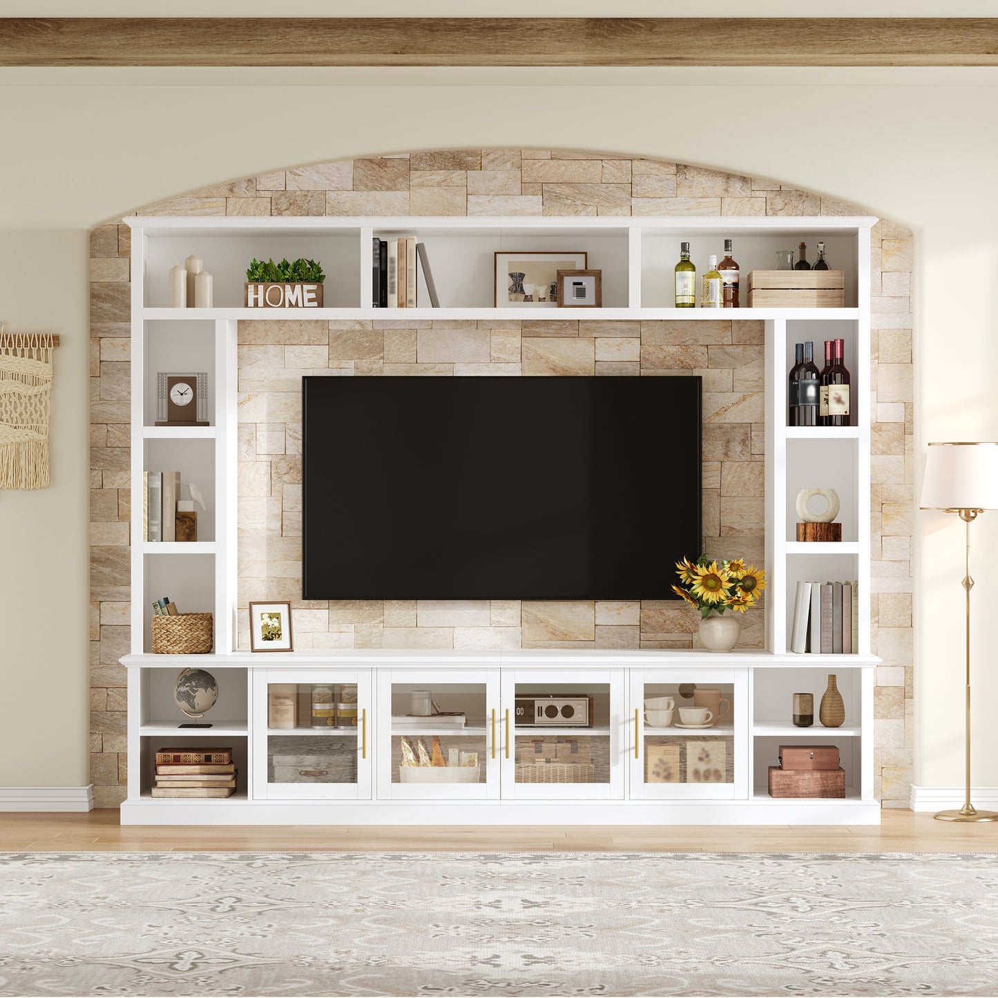 Entertainment Center Wall Unit For TVs Up To 80  , All-in-One Modern Entertainment Center With Bookshelves & Tempered Glass Doors, TV Console Unit With Shelving For Living Room, Entertainment