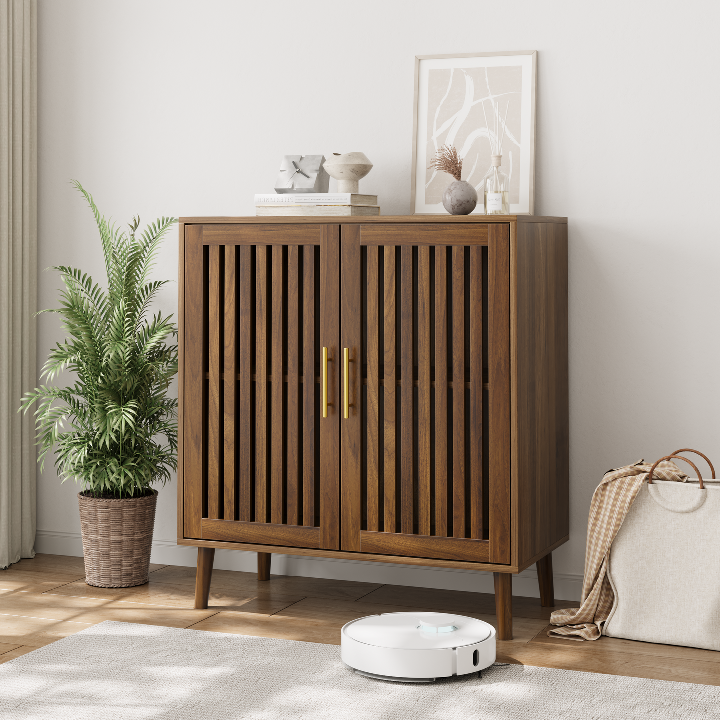 Sideboard Buffet Cabinet With Storage,  Farmhouse Buffet Cabinet With Louvered Doors, Wood Coffee Bar Storage Cabinet For Kitchen, Dining Room, Living Room, Entryway, Walnut,31.5 W