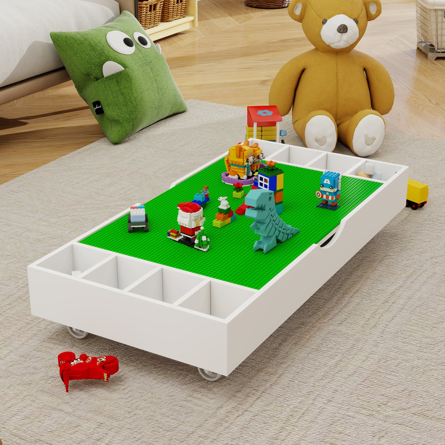 The 2 In 1 Rollaway Play Table And Toy Organizer Compatible With Lego Suitable For Storing Under Bed Or Sofa-White  38 X 18.7 X 5.9