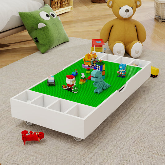 The 2 In 1 Rollaway Play Table And Toy Organizer Compatible With Lego Suitable For Storing Under Bed Or Sofa-White  38 X 18.7 X 5.9