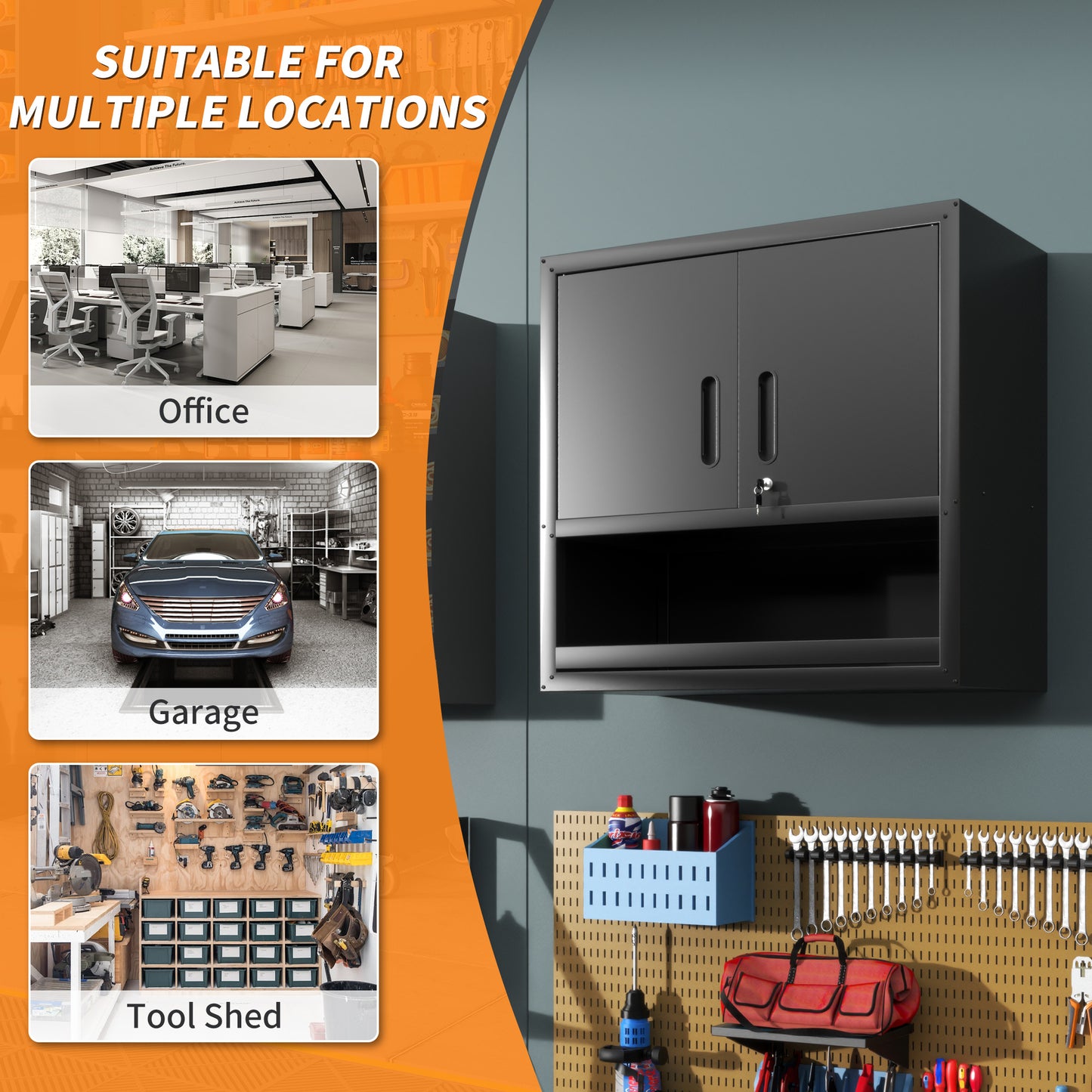 Metal Wall-Mounted Tool Storage Cabinet With Locking Door And 1 Shelf 1 Opened Drawer For Garage Warehouse,Office,Assembly Required
