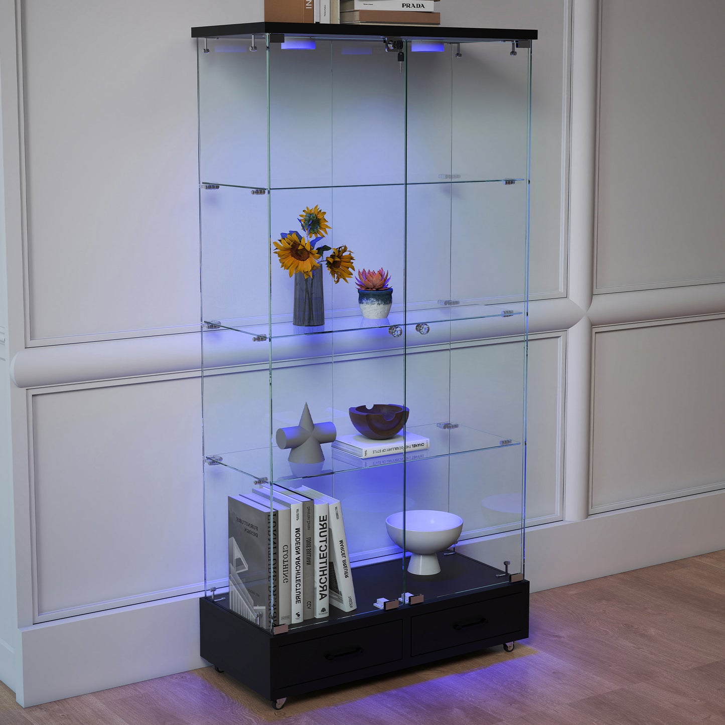 Modern Glass Display Cabinet With 2 Large Drawers , Quick-assembly Antique Cabinet With LED Lights, Tempered Glass Bookshelf, 2-Door Storage Case With 4 Shelves  For Living Room And Bedroom, Black