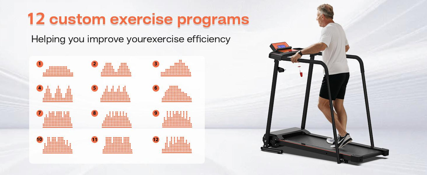 Elderly Rehabilitation Treadmill With Long Armrests LCD Display 300 Lbs Weight Capacity 3 Control Modes Cup Holder 0.5 To 7.5 MPH Speed Safety Key Easy-Move Wheels