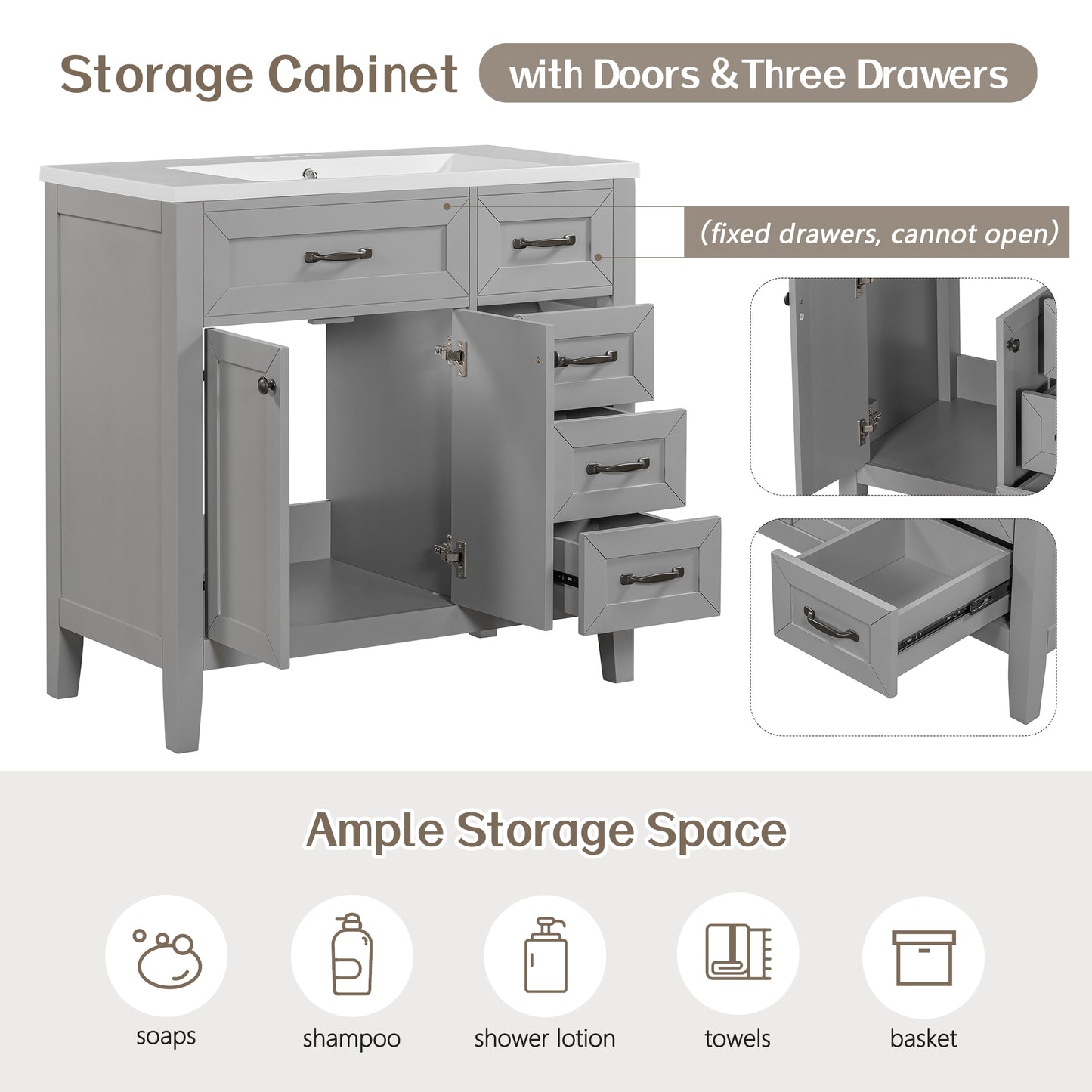36  Bathroom Vanity Without Sink, Cabinet Base Only, Bathroom Cabinet With Drawers, Solid Frame And MDF Board, Grey