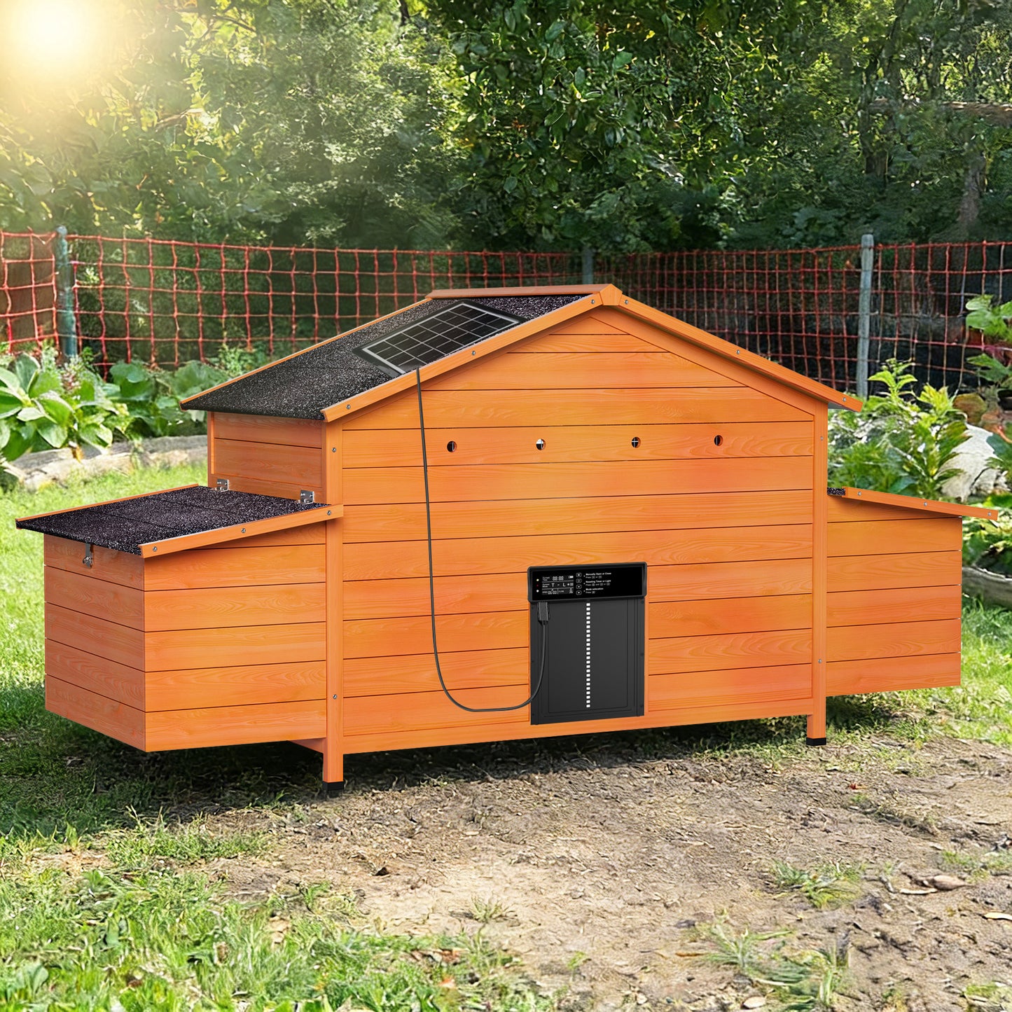 Automatic Chicken Coop With Solar-Powered Door, Weatherproof Design, Ventilated, With 2 Nesting Boxes, Timer & Light Sensor Durable Outdoor Chicken House With Pull-Out Tray For Easy Cleaning