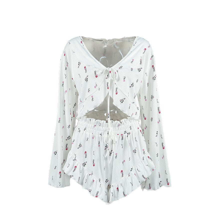 Knitted Hollow-Out Jacquard Printed Long-Sleeve Shorts Pajamas