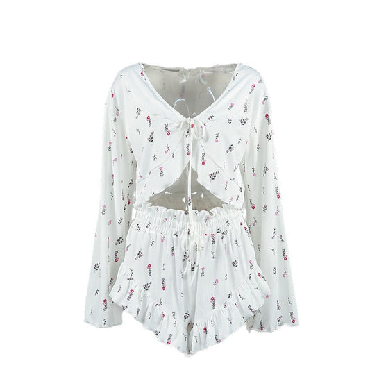 Knitted Hollow-Out Jacquard Printed Long-Sleeve Shorts Pajamas