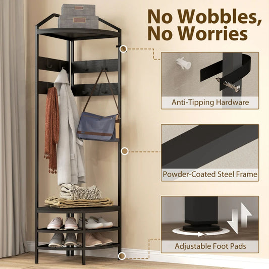 Corner Hall Tree, Industrial 4-Tier Coat Rack With Shoe Storage, 8 Movable Hooks And 2 Shelves For Hallway, Black