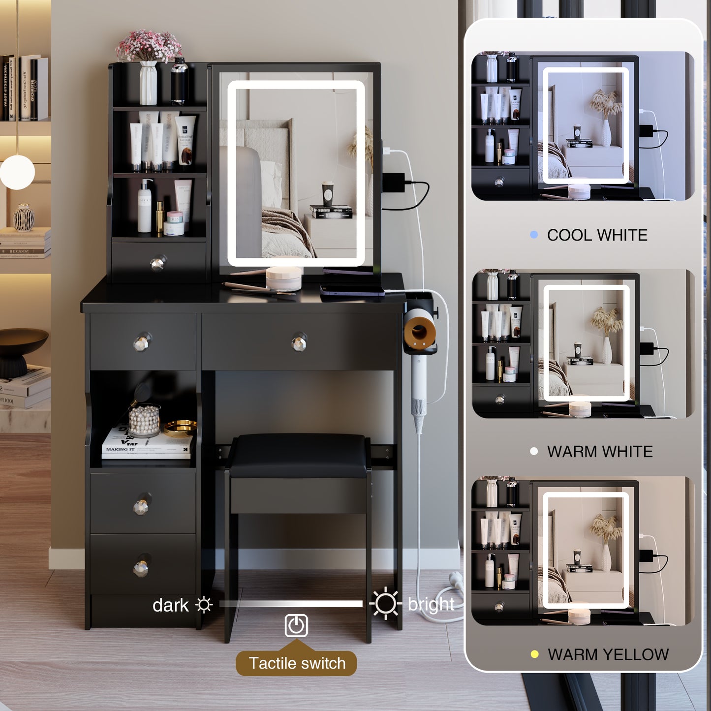 29.2 Small Size Drawer Desktop Vanity Table  Cushioned Stool, 2 AC-2 USB Power Station, Hair Dryer Bracket, Extra Large Touch Control Sliding LED Mirror, 3-color Switching, EPA, GCC, UL Certificate
