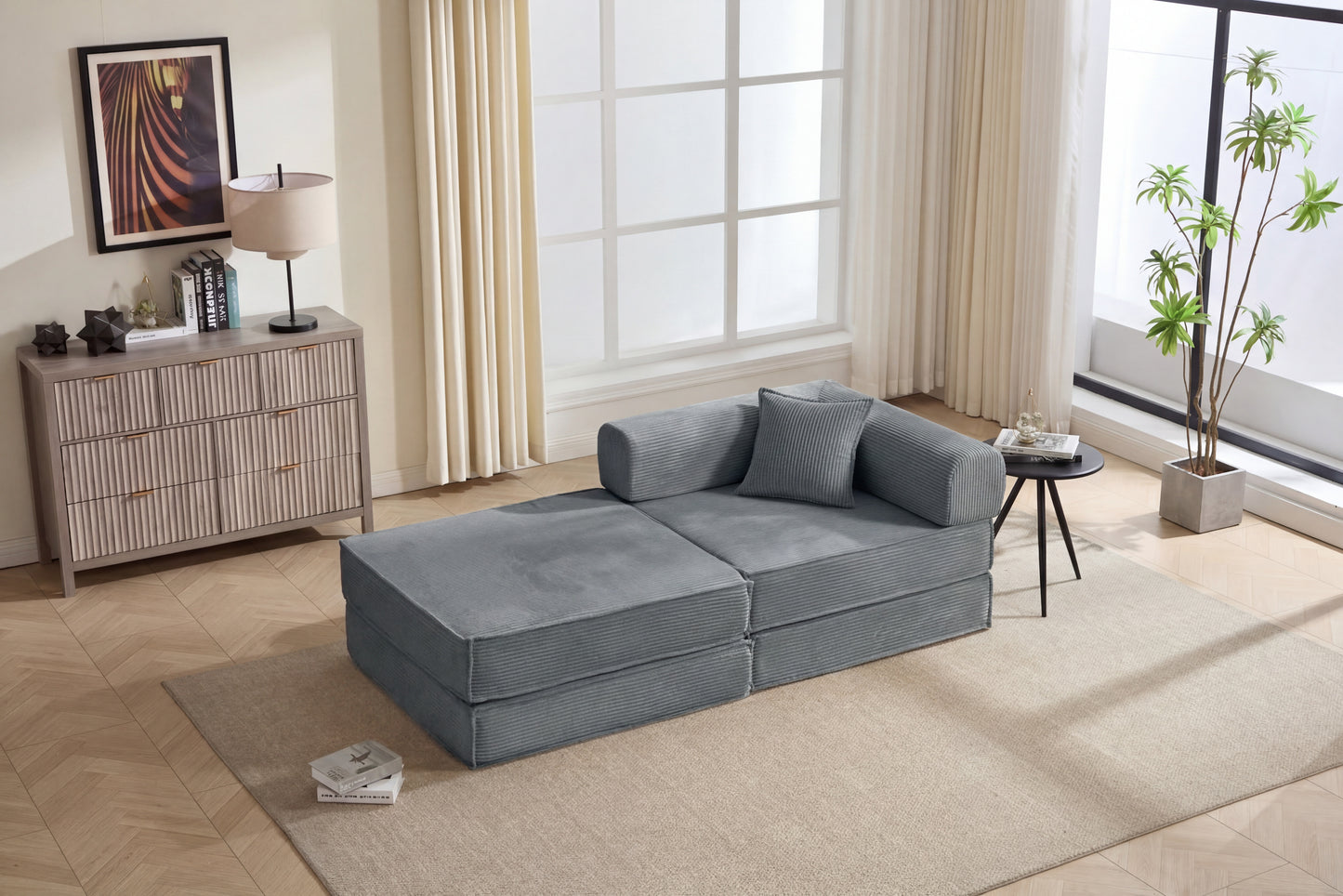 78  Convertible Sofa Bed, Modular Corduroy Couch With 2 Pillows, Space-Saving Compressed Floor Sofa, Ideal For Living Room, Bedroom, Apartment,Grey.