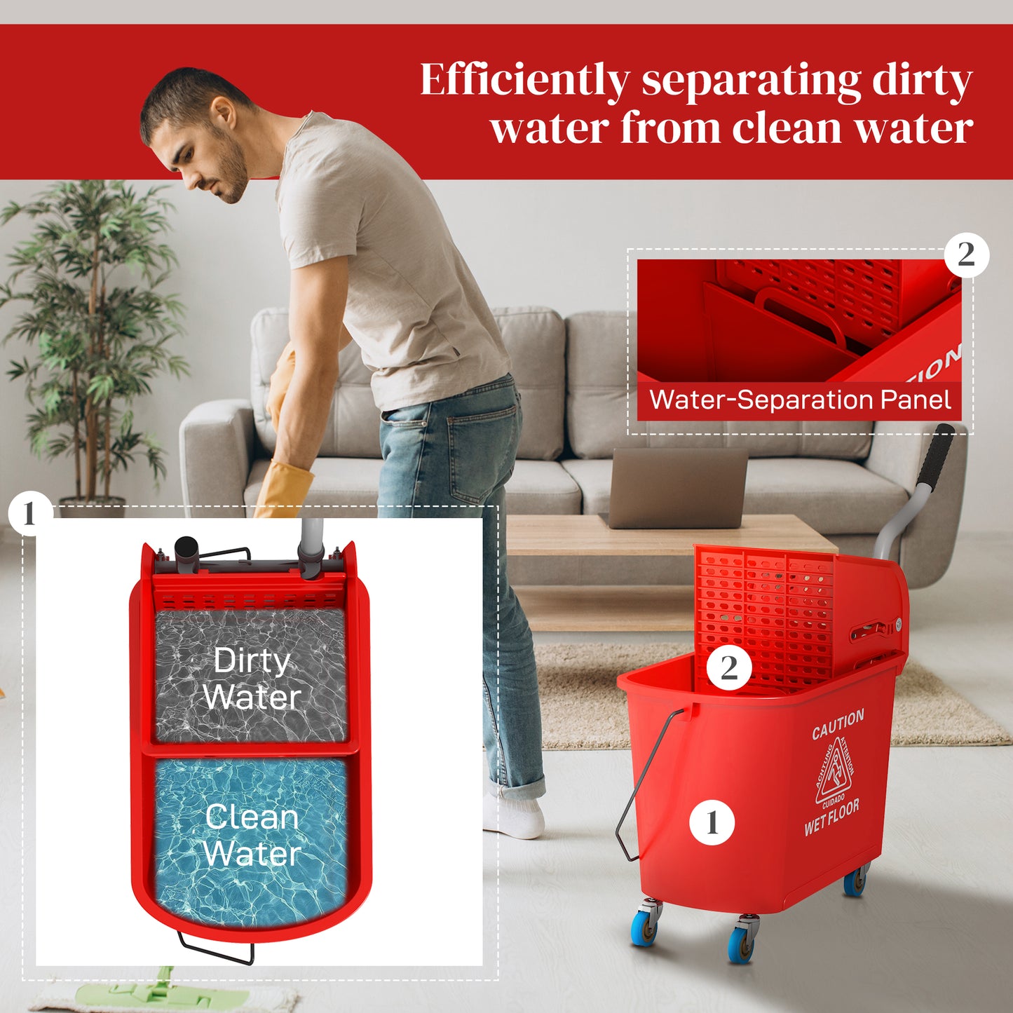 Compact Mop Bucket With Wringer, Mop Bucket On Wheels For Floor Cleaning, 21 Quart, Separate Dirty And Clean Water, Red
